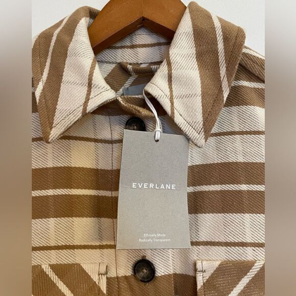 Everlane NWT Oversized Camel Tan Plaid Button Jacket Shacket with Pockets XS - Picture 8 of 10